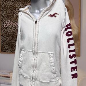 Hollister Cream Zip Hoodie with Maroon Logo & Sleeve Text